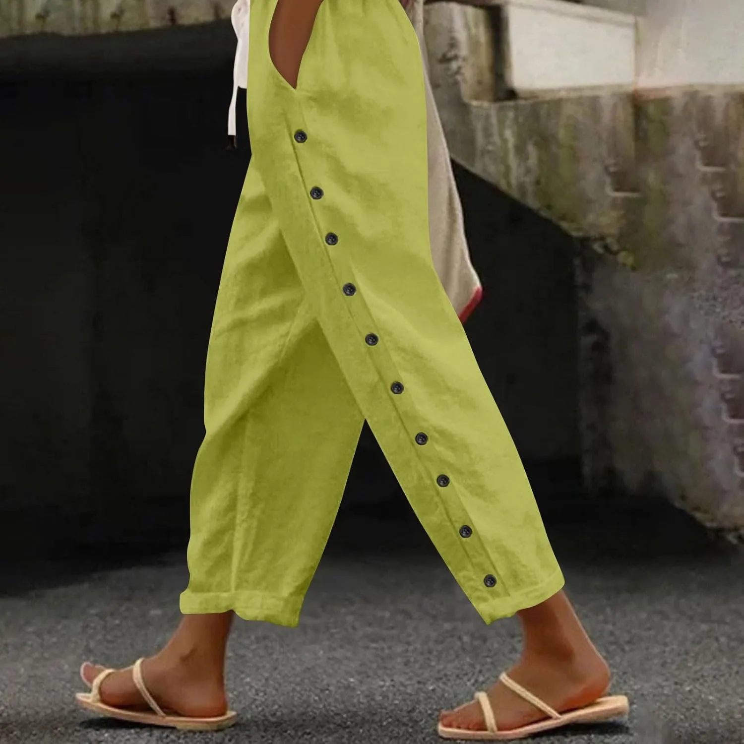 Striped Linen Pants Women Summer Casual Boho Beach Pants Lightweight Elastic Waist Capri Pants Side Button Trousers