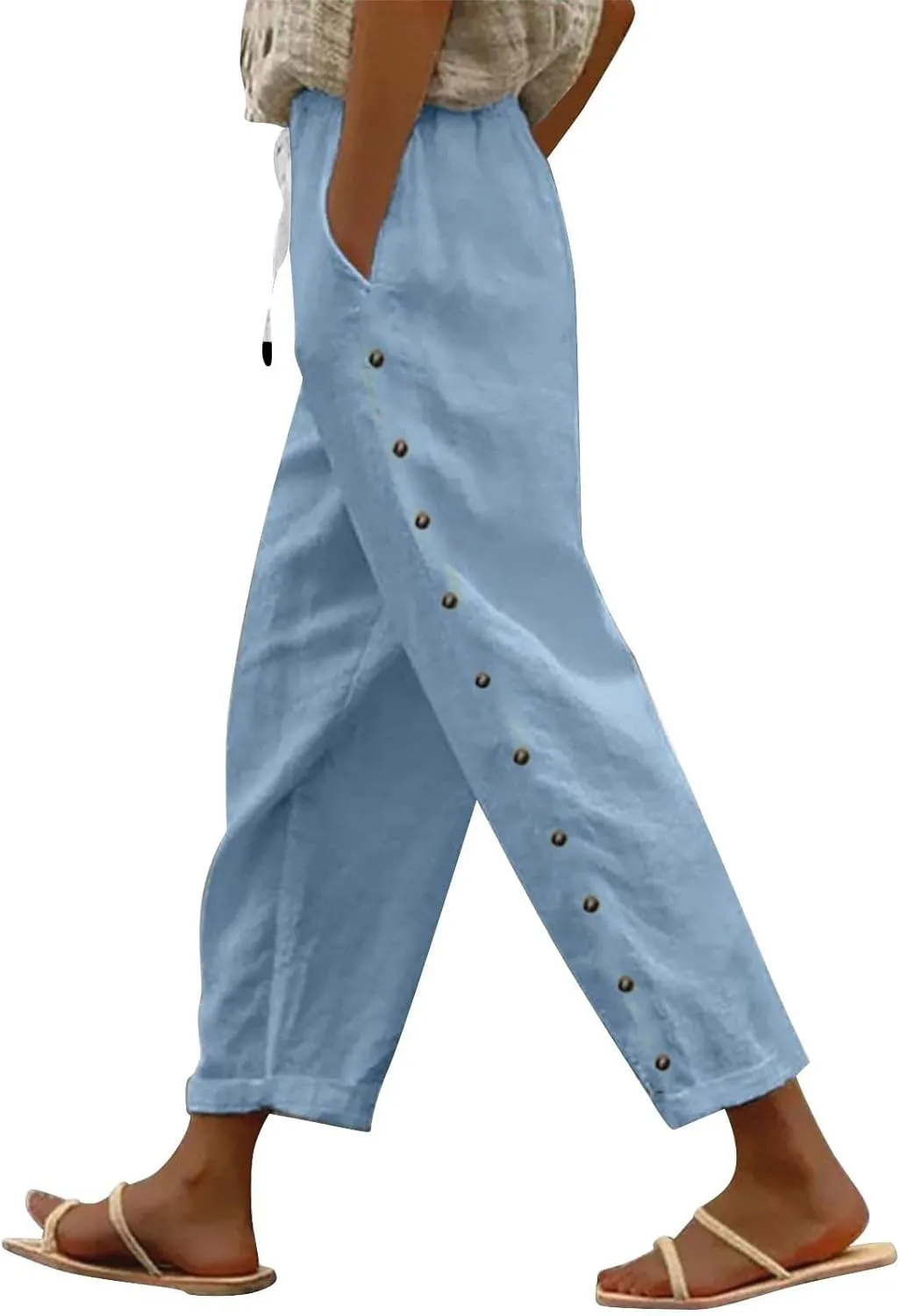 Striped Linen Pants Women Summer Casual Boho Beach Pants Lightweight Elastic Waist Capri Pants Side Button Trousers