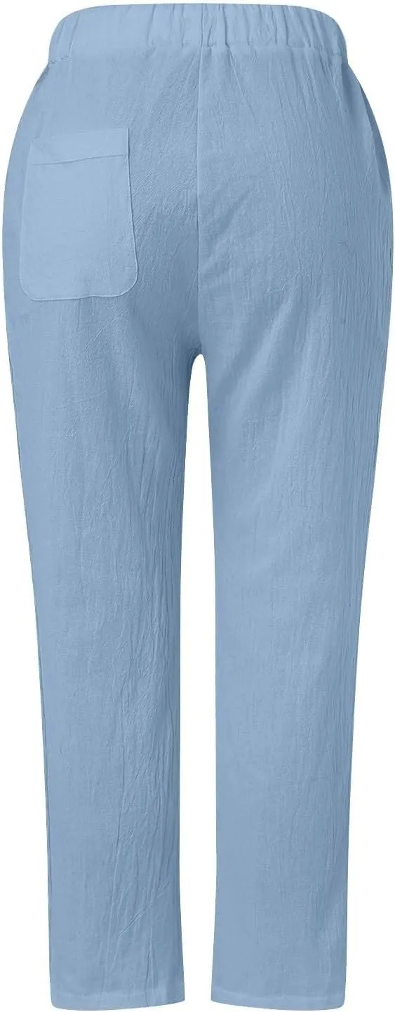 Striped Linen Pants Women Summer Casual Boho Beach Pants Lightweight Elastic Waist Capri Pants Side Button Trousers