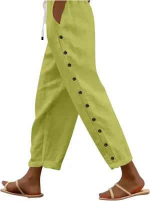 Striped Linen Pants Women Summer Casual Boho Beach Pants Lightweight Elastic Waist Capri Pants Side Button Trousers