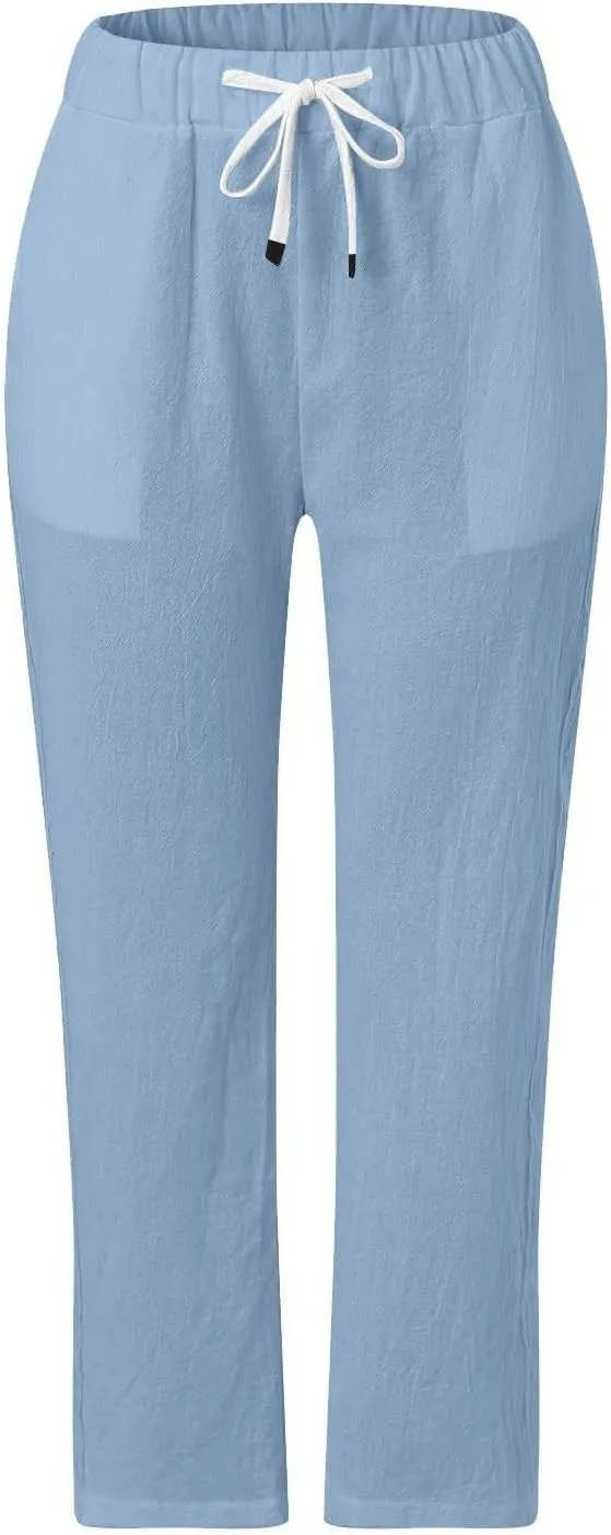 Striped Linen Pants Women Summer Casual Boho Beach Pants Lightweight Elastic Waist Capri Pants Side Button Trousers