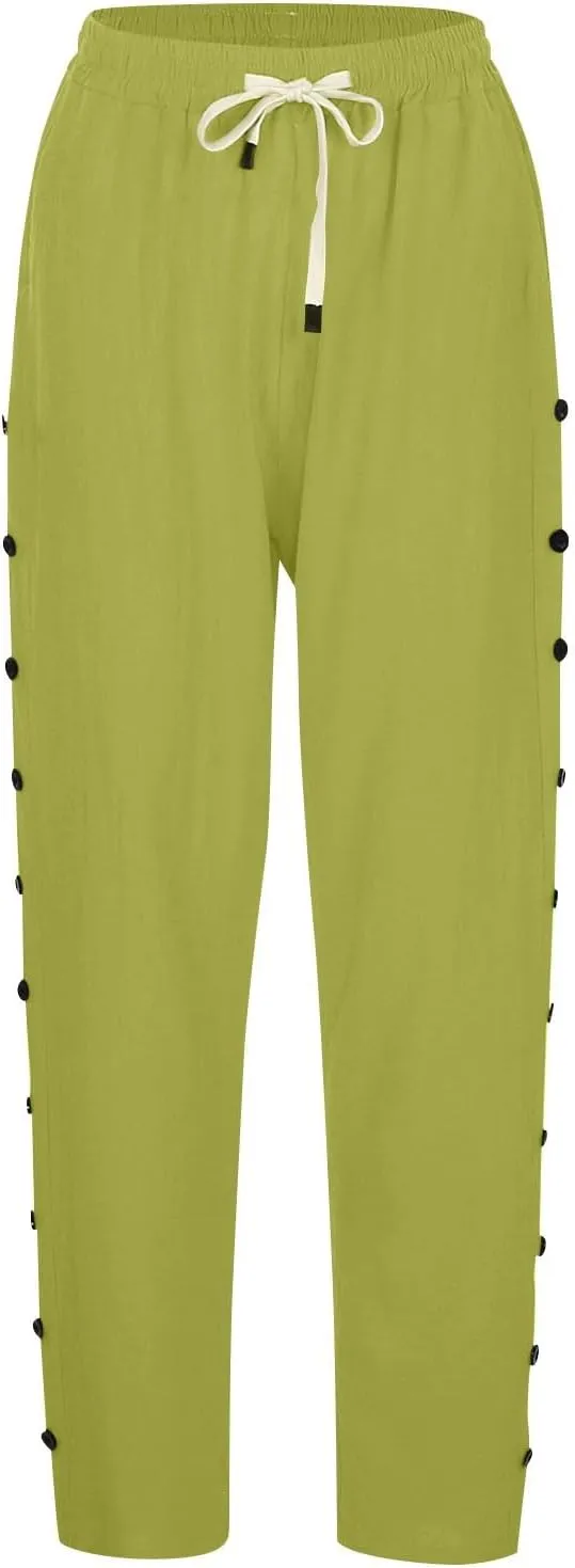 Striped Linen Pants Women Summer Casual Boho Beach Pants Lightweight Elastic Waist Capri Pants Side Button Trousers