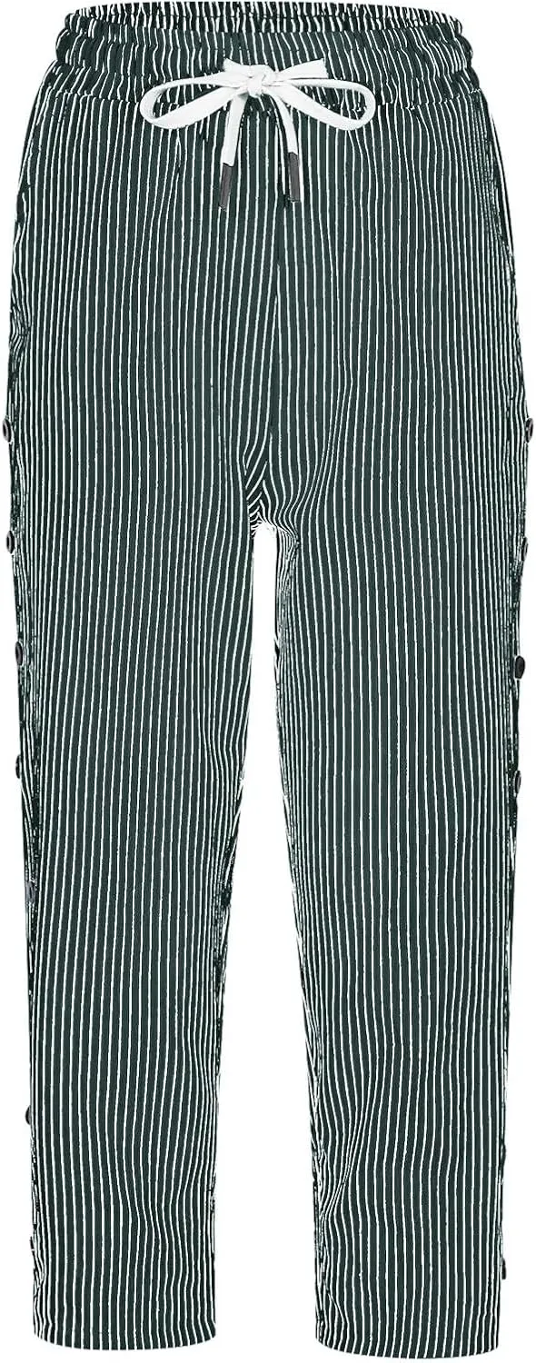 Striped Pants Women Linen Capris for Women Summer Wide Leg Loose Drawstring Elastic Waist Trouser