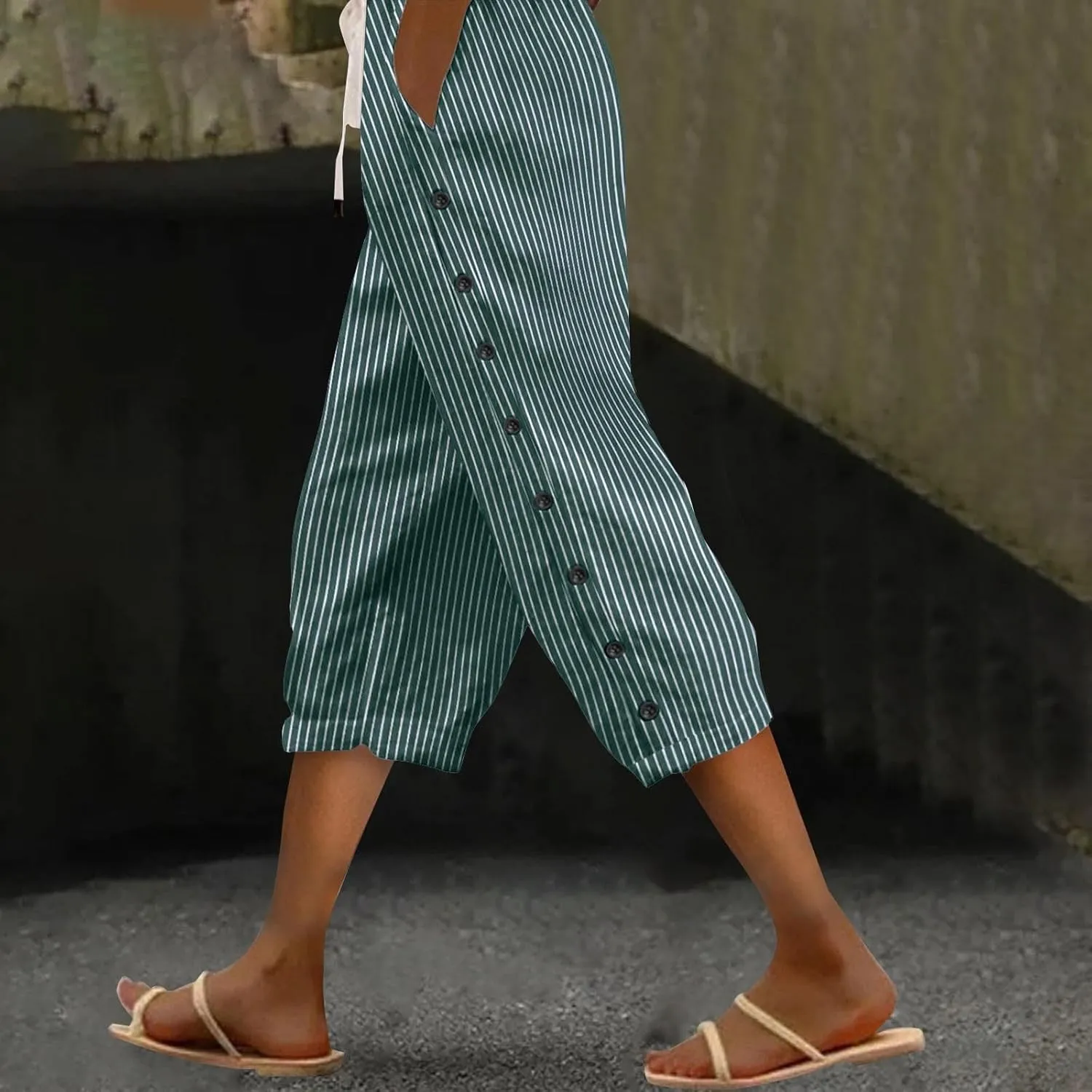 Striped Pants Women Linen Capris for Women Summer Wide Leg Loose Drawstring Elastic Waist Trouser