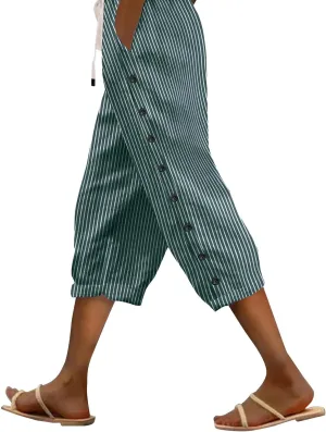 Striped Pants Women Linen Capris for Women Summer Wide Leg Loose Drawstring Elastic Waist Trouser