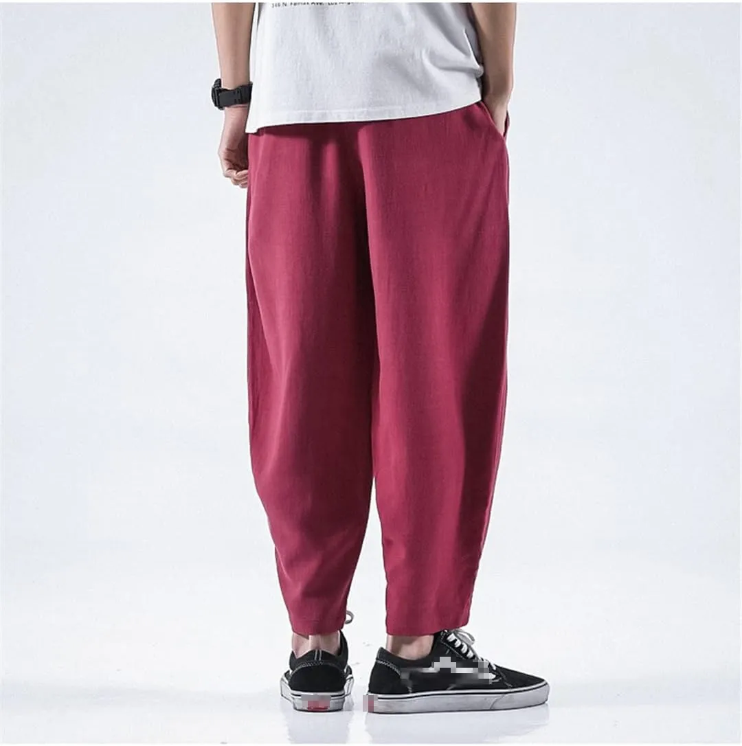 Summer Mens Breathable Linen Pants Elastic Waist Chinese Style Cotton Trousers Hip Hop Casual Harem Pants
