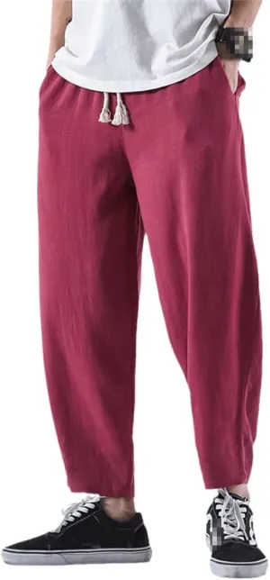 Summer Mens Breathable Linen Pants Elastic Waist Chinese Style Cotton Trousers Hip Hop Casual Harem Pants
