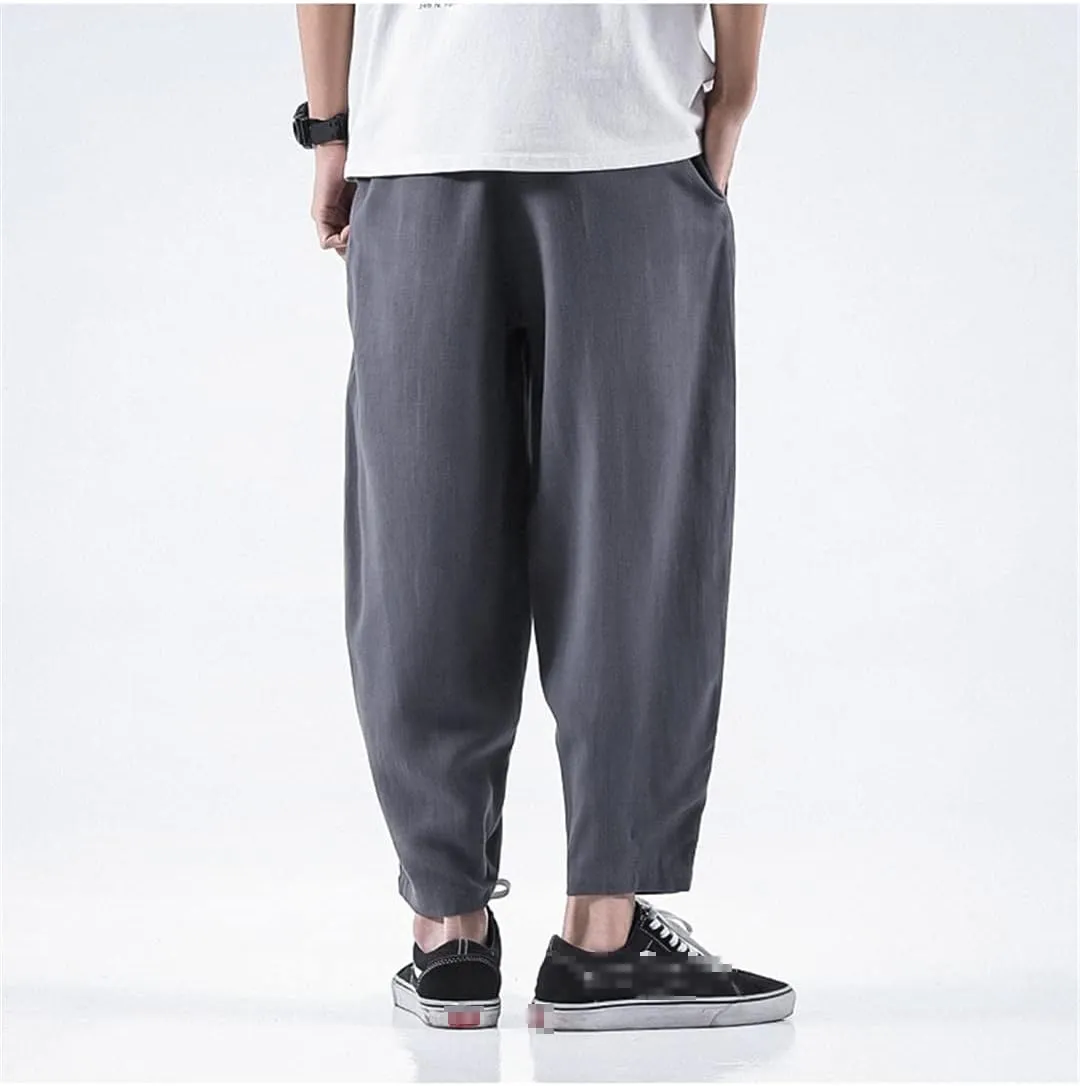 Summer Mens Breathable Linen Pants Elastic Waist Chinese Style Cotton Trousers Hip Hop Casual Harem Pants