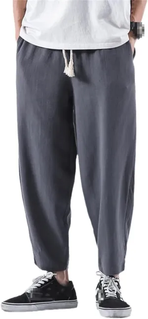 Summer Mens Breathable Linen Pants Elastic Waist Chinese Style Cotton Trousers Hip Hop Casual Harem Pants