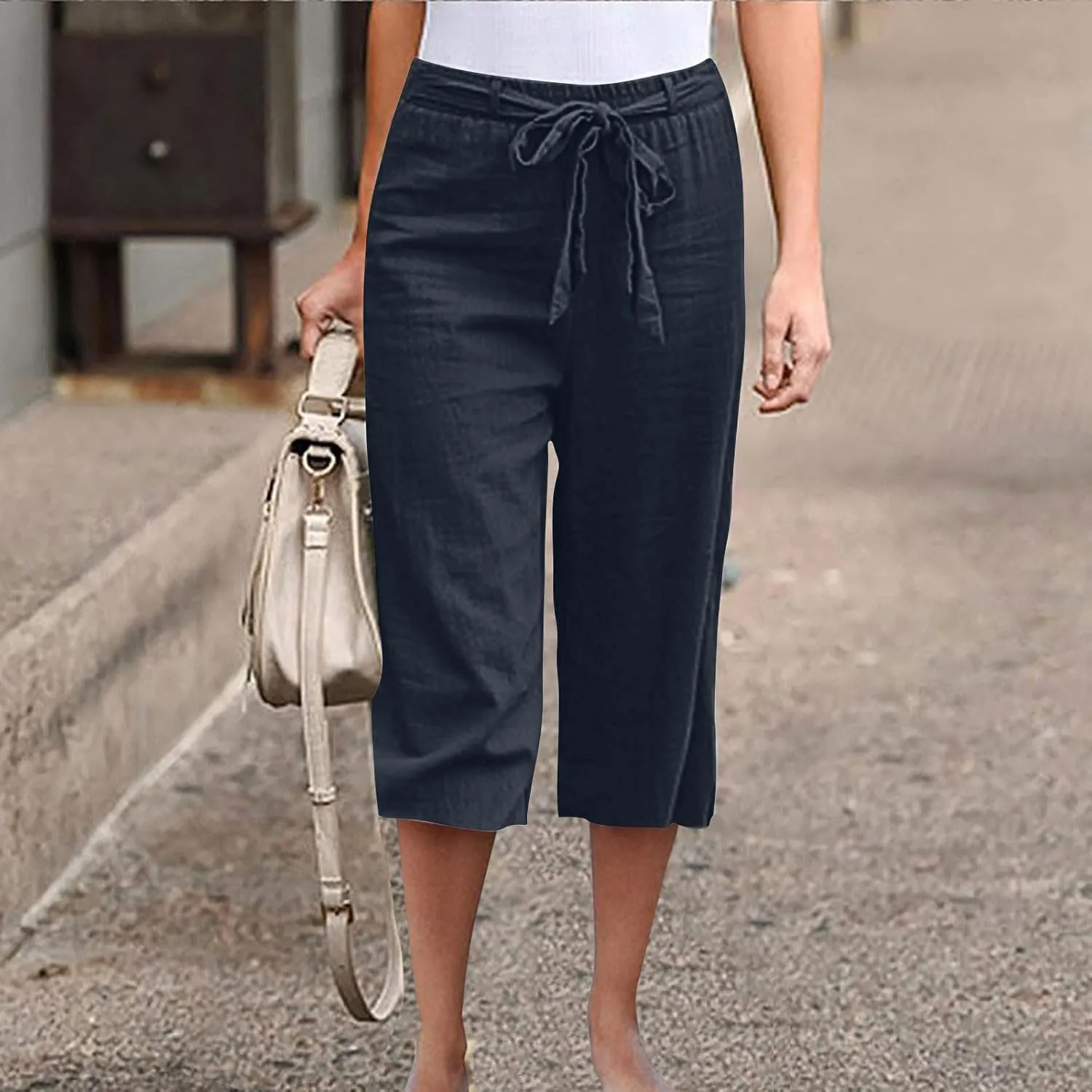 TANGNADE Capri Pants for Women Plus Size Dressy Casual Summer Cotton Linen Crop Pants Elastic Waist Vacation Trouser