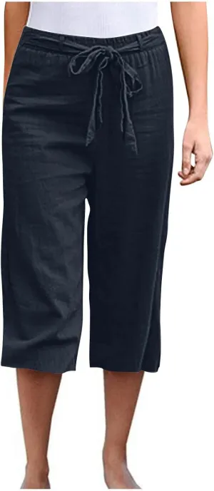TANGNADE Capri Pants for Women Plus Size Dressy Casual Summer Cotton Linen Crop Pants Elastic Waist Vacation Trouser