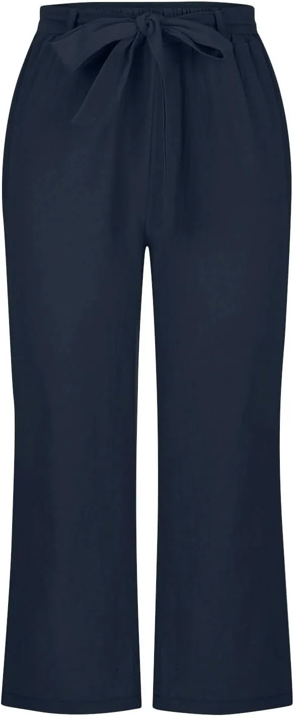 TANGNADE Capri Pants for Women Plus Size Dressy Casual Summer Cotton Linen Crop Pants Elastic Waist Vacation Trouser