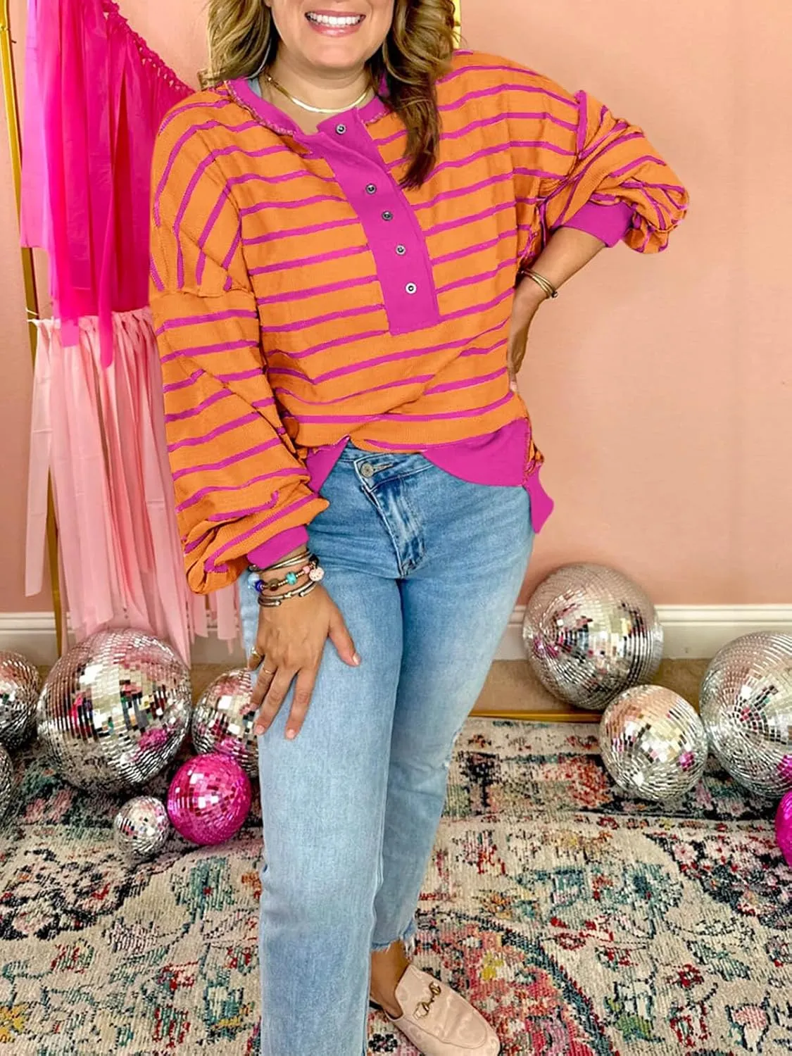 Tankaneo Womens Oversized Striped Sweatshirts Henley Shirts Color Block Casual Pullover Waffle Knit Tops