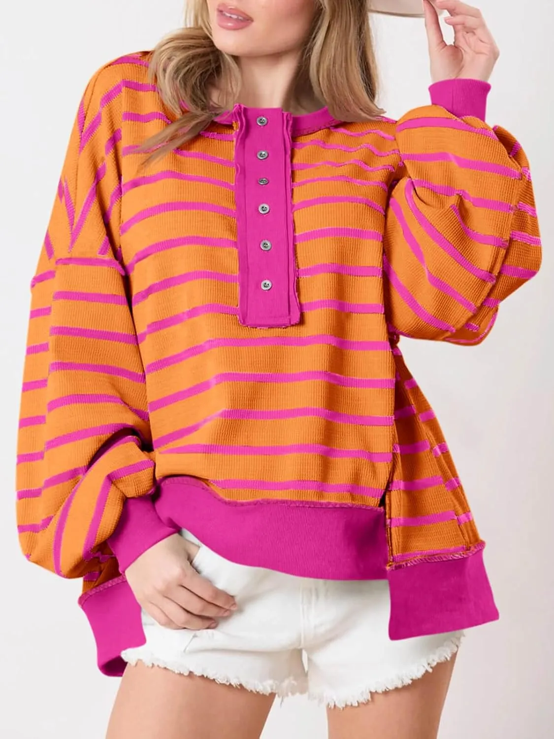 Tankaneo Womens Oversized Striped Sweatshirts Henley Shirts Color Block Casual Pullover Waffle Knit Tops
