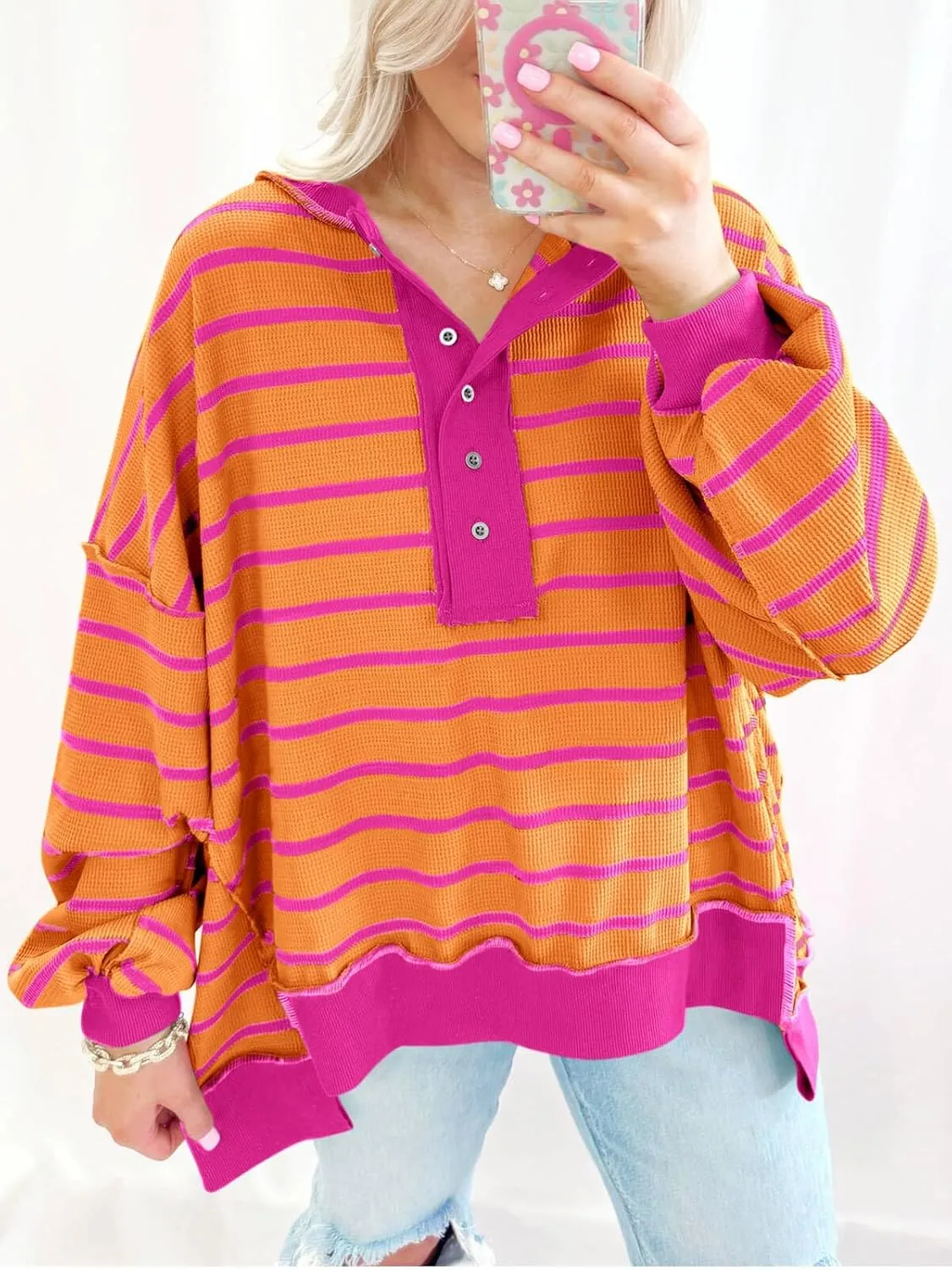 Tankaneo Womens Oversized Striped Sweatshirts Henley Shirts Color Block Casual Pullover Waffle Knit Tops