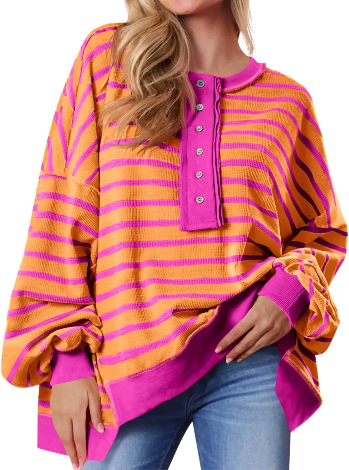Tankaneo Womens Oversized Striped Sweatshirts Henley Shirts Color Block Casual Pullover Waffle Knit Tops