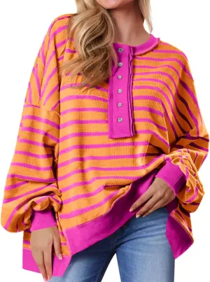 Tankaneo Womens Oversized Striped Sweatshirts Henley Shirts Color Block Casual Pullover Waffle Knit Tops