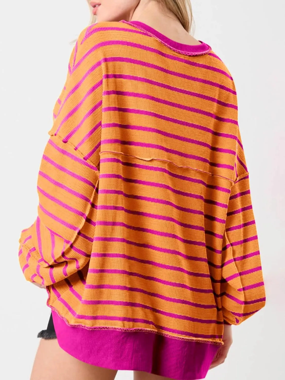 Tankaneo Womens Oversized Striped Sweatshirts Henley Shirts Color Block Casual Pullover Waffle Knit Tops