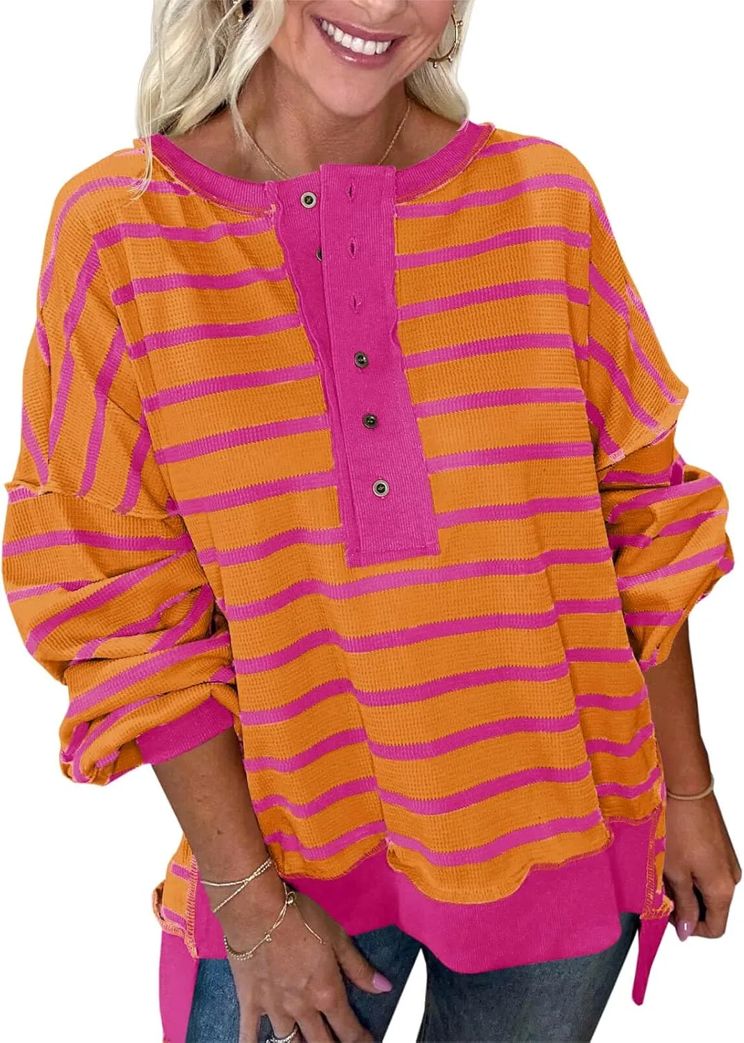 Tankaneo Womens Oversized Striped Sweatshirts Henley Shirts Color Block Casual Pullover Waffle Knit Tops