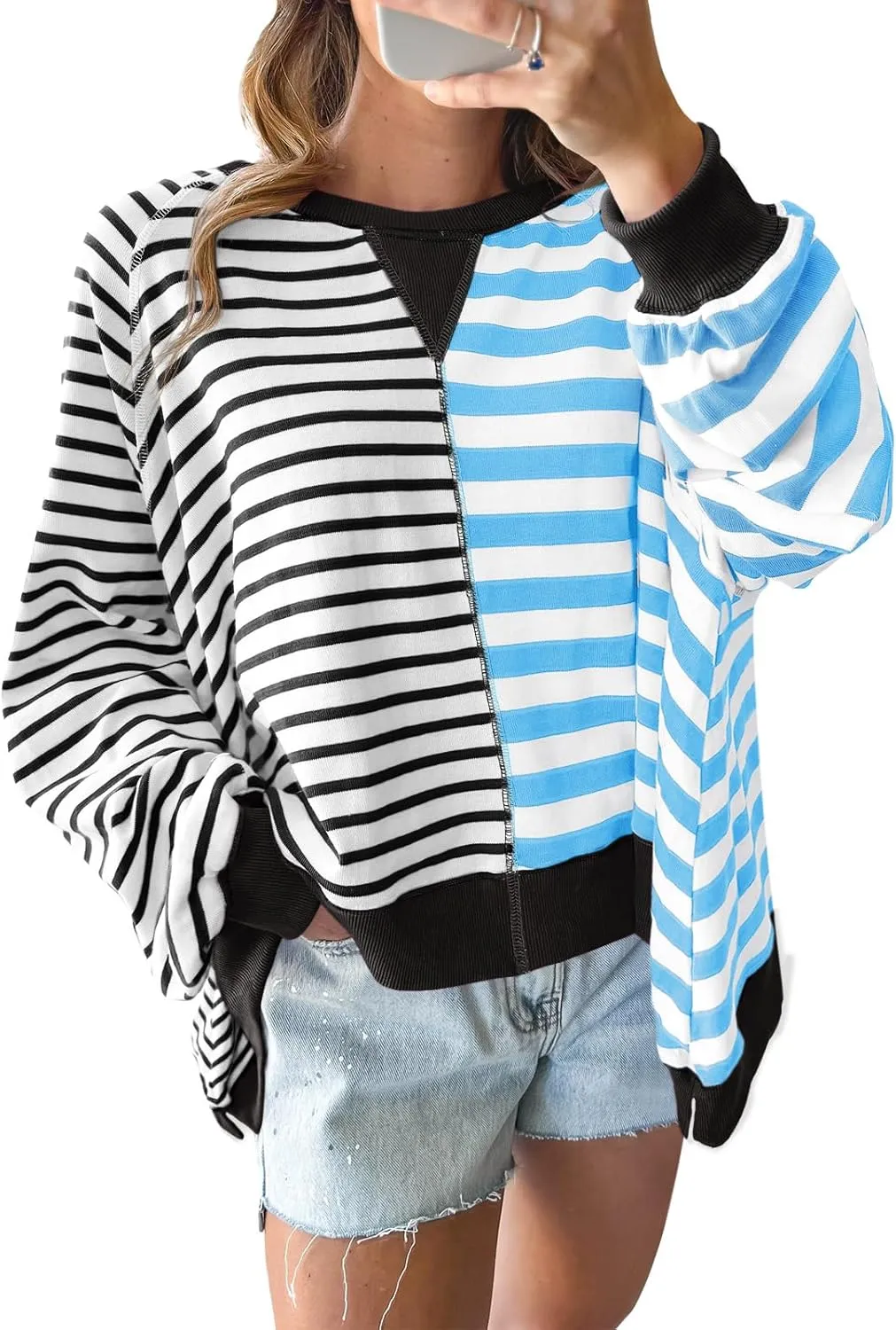 Tankaneo Womens Oversized Sweatshirt Striped Color Block Crew Neck Tops Casual Long Sleeve Tunic Shirts