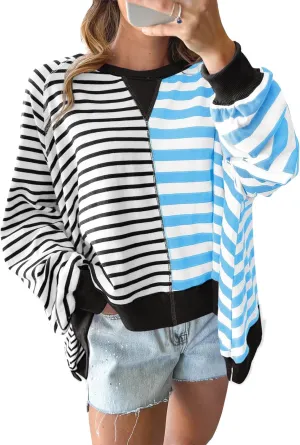 Tankaneo Womens Oversized Sweatshirt Striped Color Block Crew Neck Tops Casual Long Sleeve Tunic Shirts