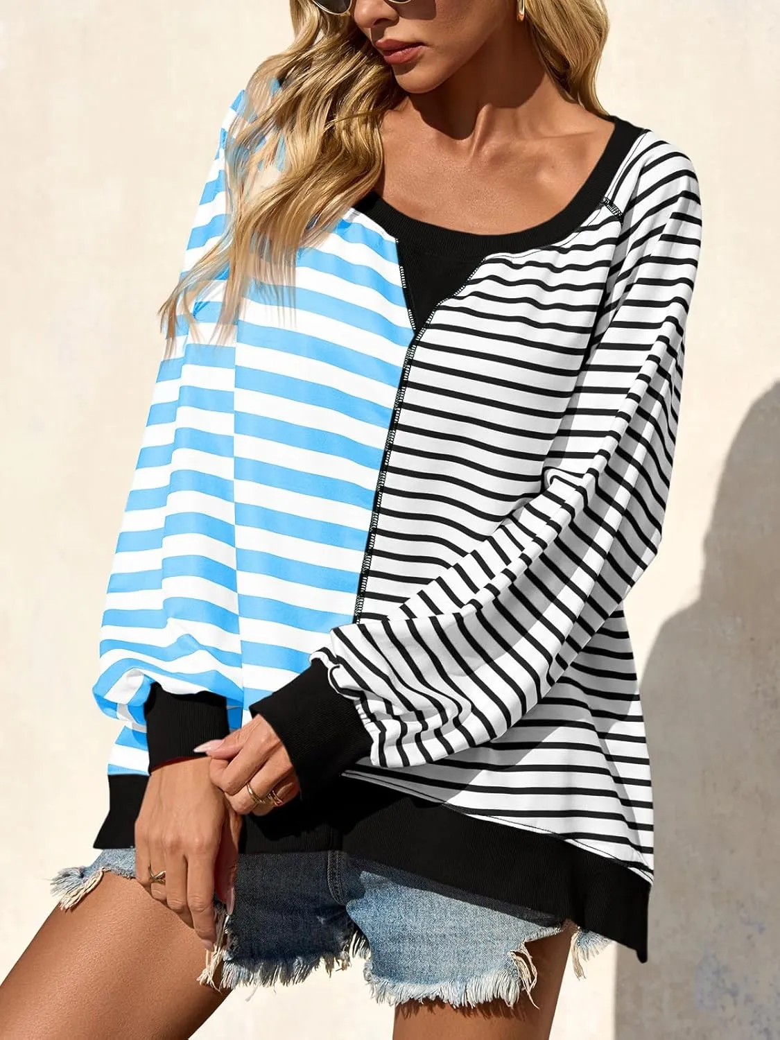 Tankaneo Womens Oversized Sweatshirt Striped Color Block Crew Neck Tops Casual Long Sleeve Tunic Shirts