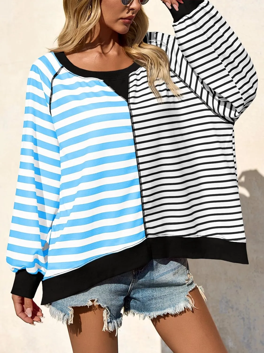 Tankaneo Womens Oversized Sweatshirt Striped Color Block Crew Neck Tops Casual Long Sleeve Tunic Shirts