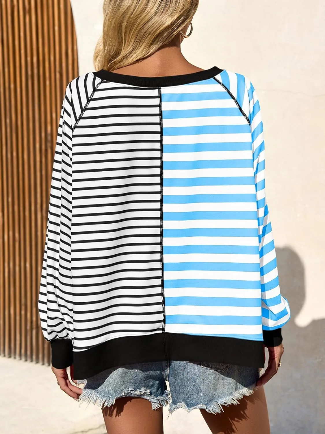 Tankaneo Womens Oversized Sweatshirt Striped Color Block Crew Neck Tops Casual Long Sleeve Tunic Shirts
