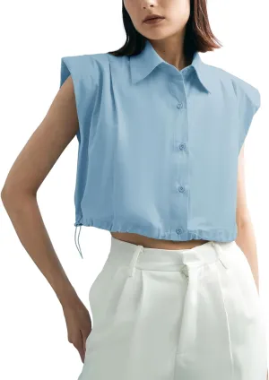 Tankaneo Womens Sleeveless Button Down Shirts Casual Loose V Neck Pad Shoulder Crop Tank Top