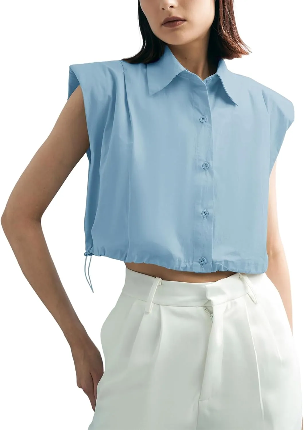 Tankaneo Womens Sleeveless Button Down Shirts Casual Loose V Neck Pad Shoulder Crop Tank Top