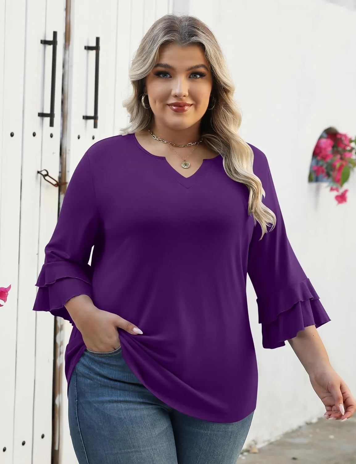 TFSDOD Plus Size Tops for Women V Neck 3/4 Sleeve Dressy Tunics Business Casual Double Layers Shirts(1XL-5XL