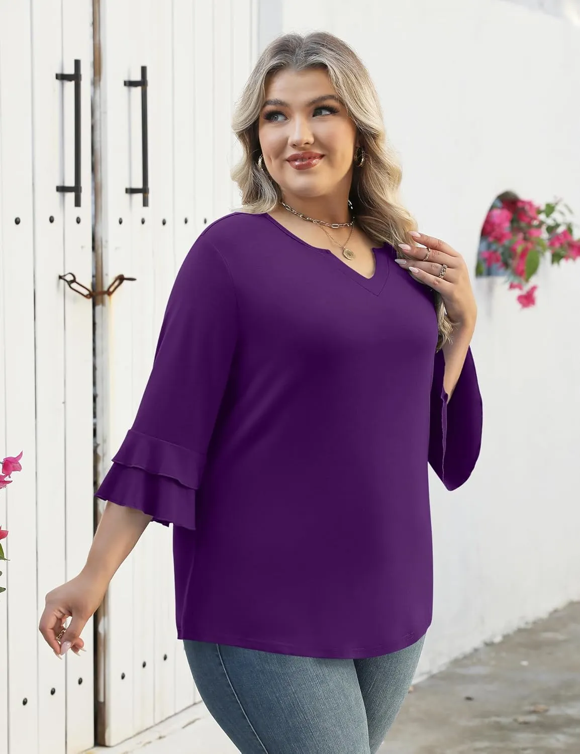 TFSDOD Plus Size Tops for Women V Neck 3/4 Sleeve Dressy Tunics Business Casual Double Layers Shirts(1XL-5XL