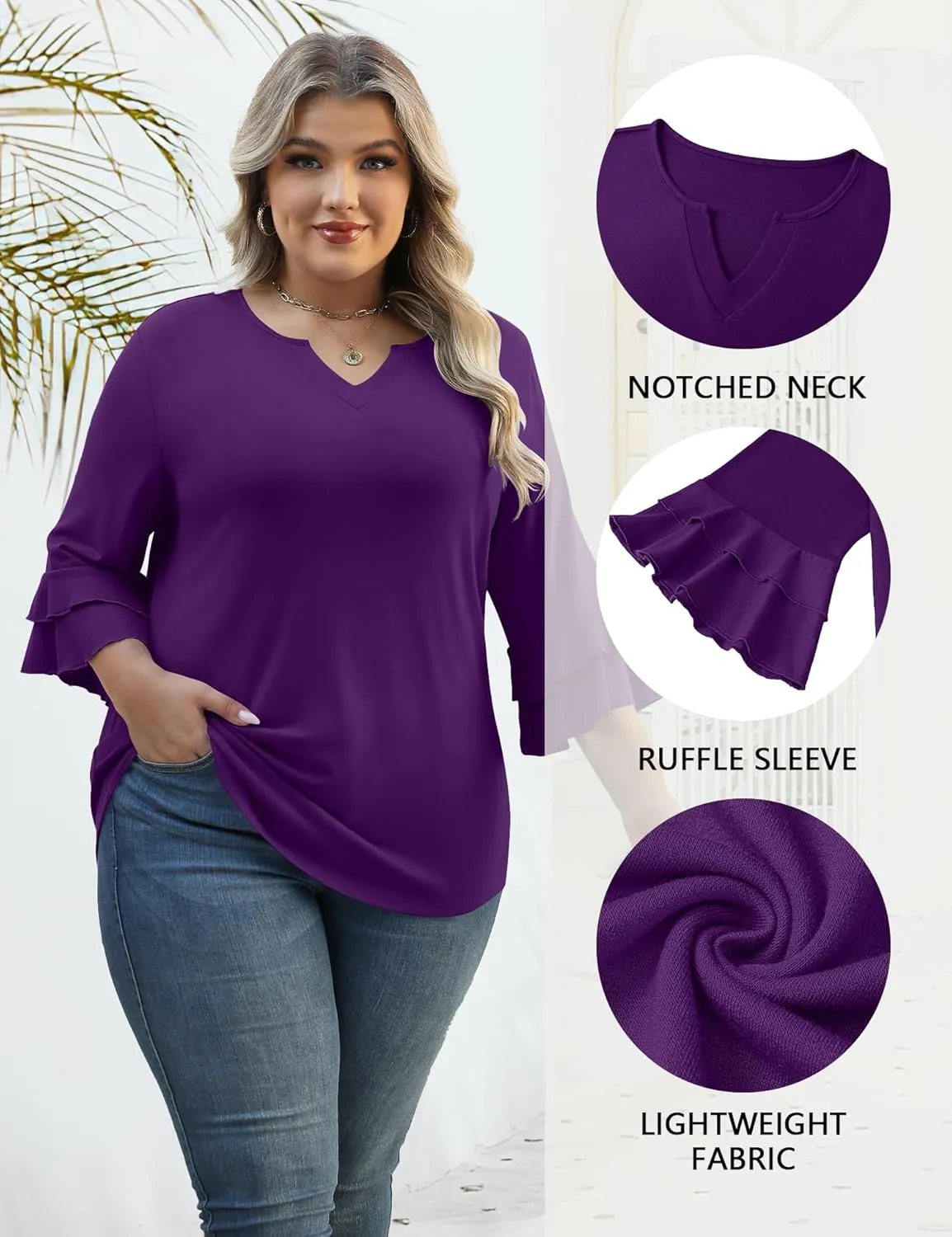 TFSDOD Plus Size Tops for Women V Neck 3/4 Sleeve Dressy Tunics Business Casual Double Layers Shirts(1XL-5XL