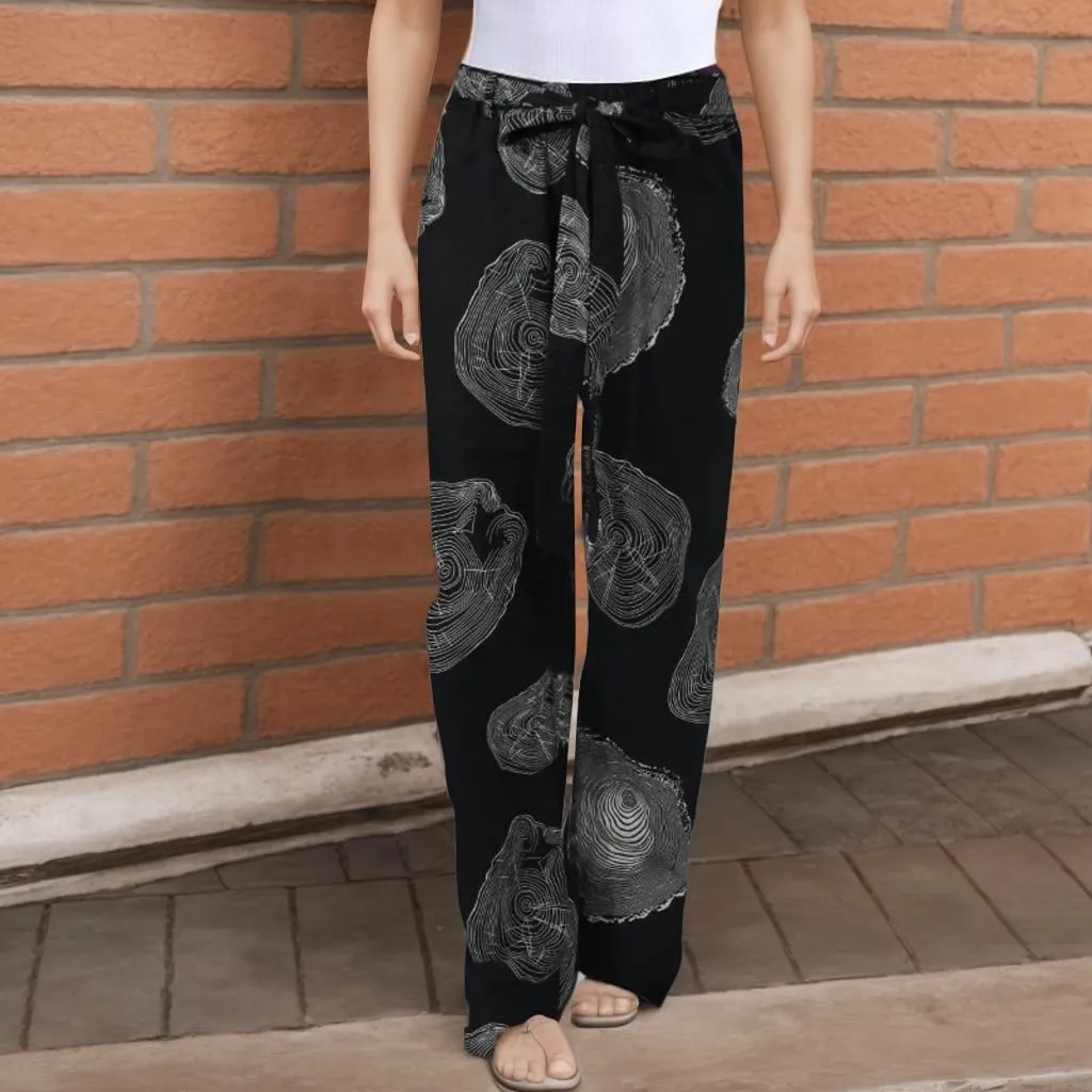 TIAFORD Women's Casual Cotton Linen Floral Print Elastic Waist Beach Pants Loose Wide Leg Drawstring Trousers with Pockets