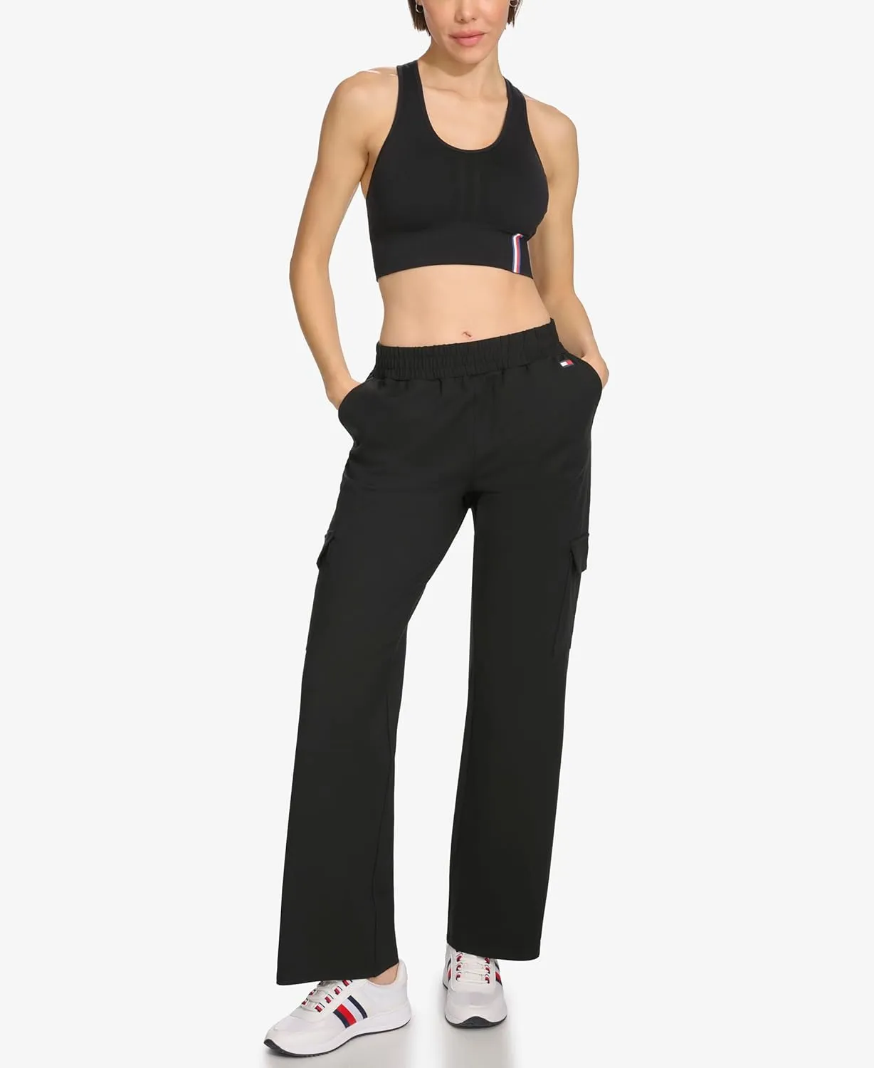 Tommy Hilfiger Women's Slant Pockets Elastic Waistband Cozy Peached Bootcut Cargo Pant