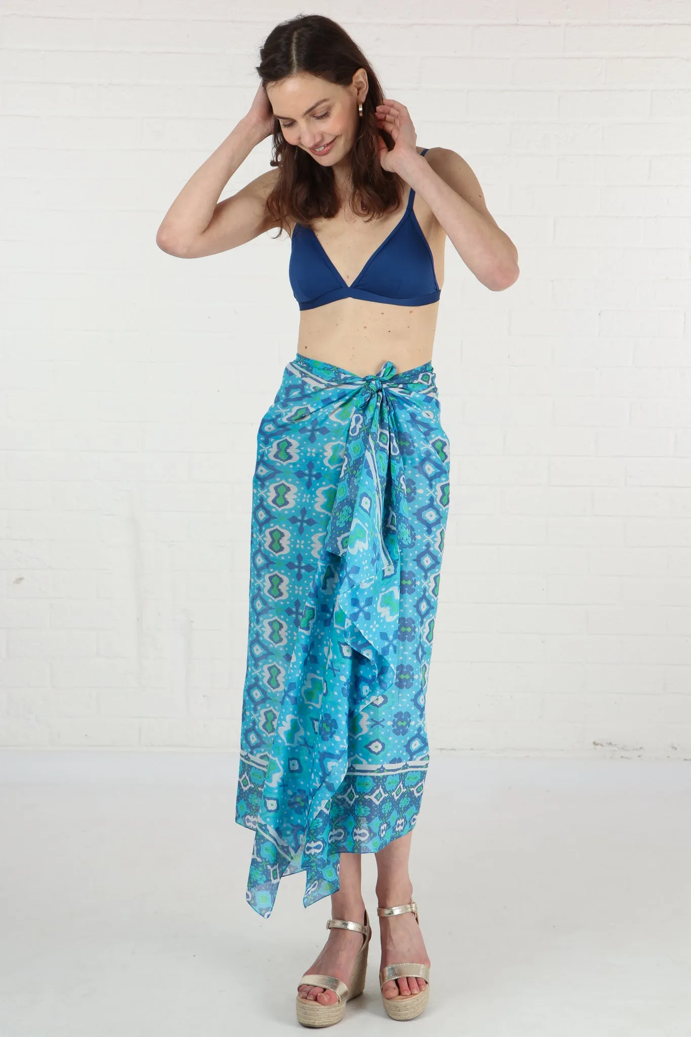 Turkish Ikat Print Cotton Scarf in Aqua Blue