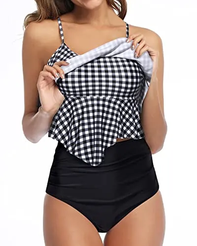 Two Piece Ruffle Tops With High Waisted Bottoms Bathing Suits For Women-Black And White Checkered