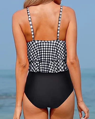 Two Piece Ruffle Tops With High Waisted Bottoms Bathing Suits For Women-Black And White Checkered