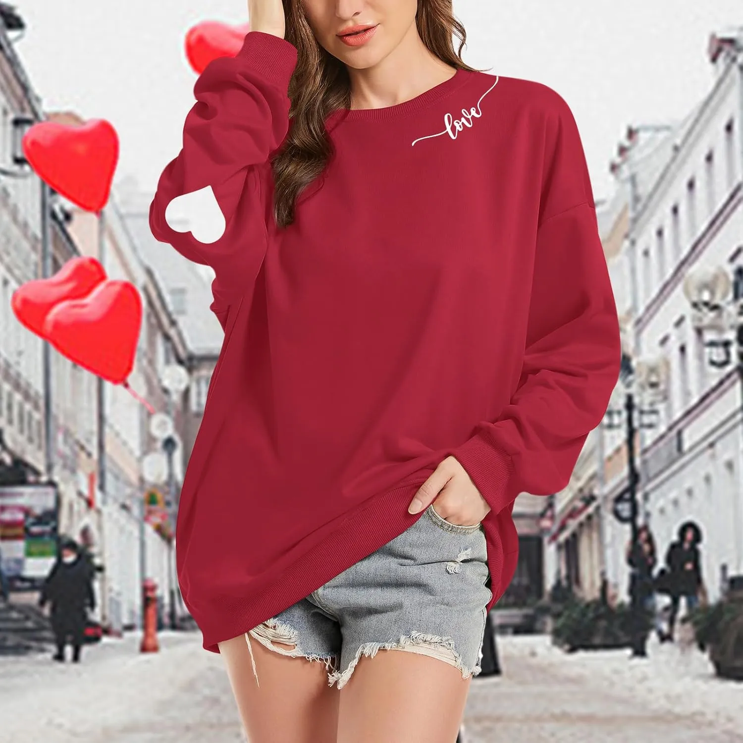 Valentine's Shirt Heart Love Graphic Red Sweatshirts For Women Funny Casual Valentines Long Sleeve Shirts Tops