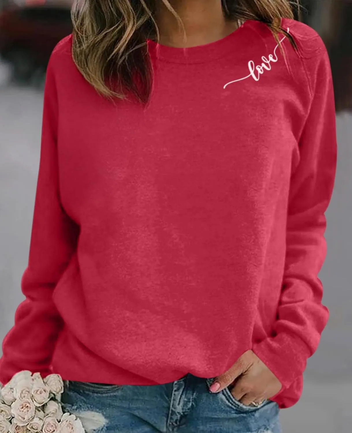 Valentine's Shirt Heart Love Graphic Red Sweatshirts For Women Funny Casual Valentines Long Sleeve Shirts Tops