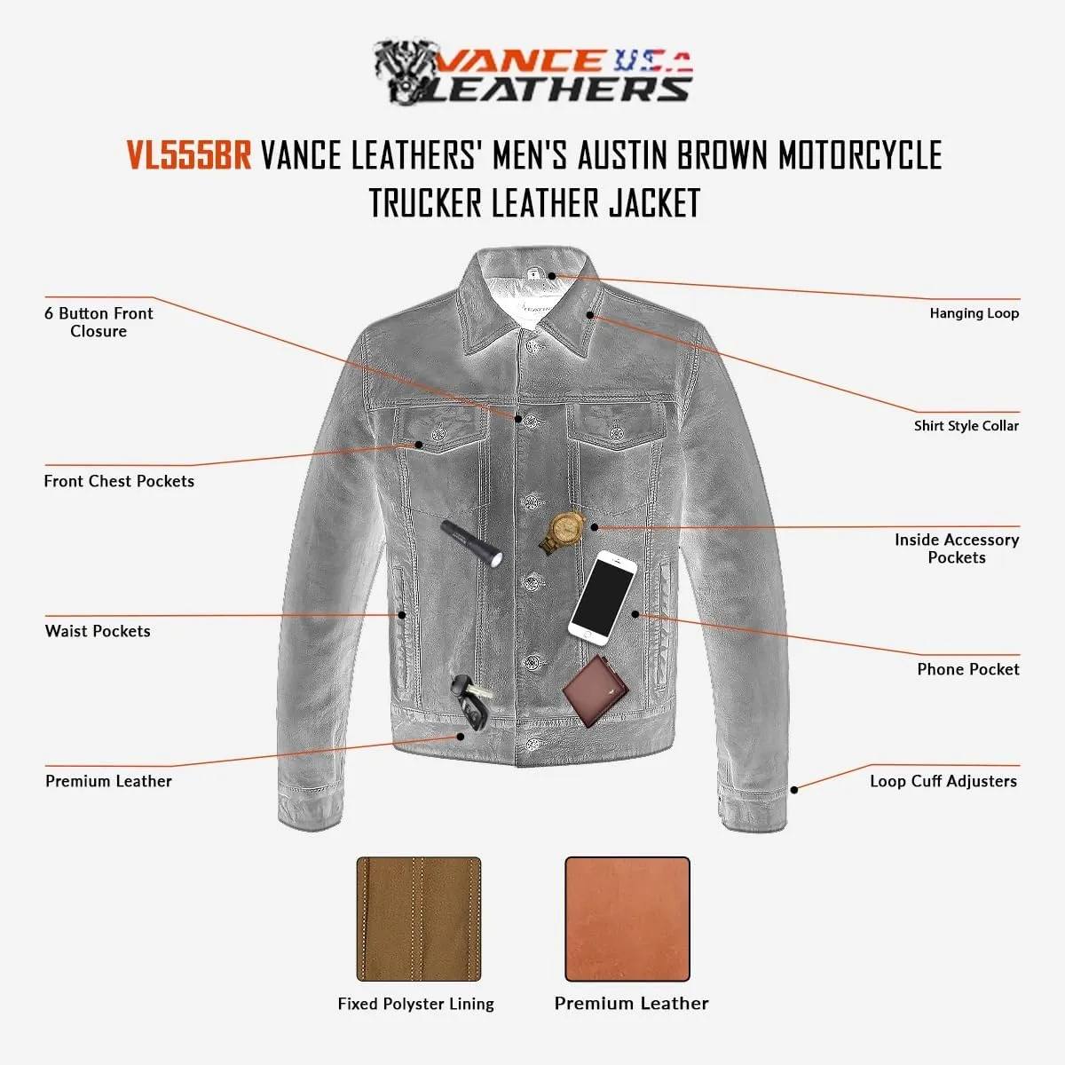 Vance Leather' Men's Black Motorcycle Trucker Premium Leather Jacket