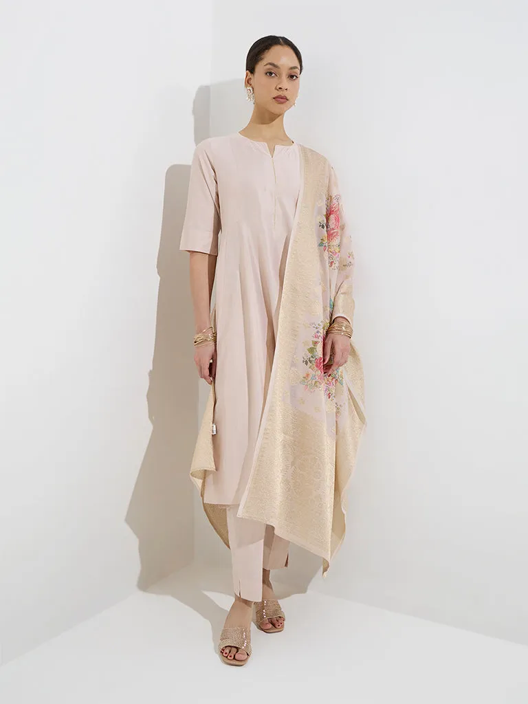 Vark Beige Kurta with Pants and Floral Dupatta Set