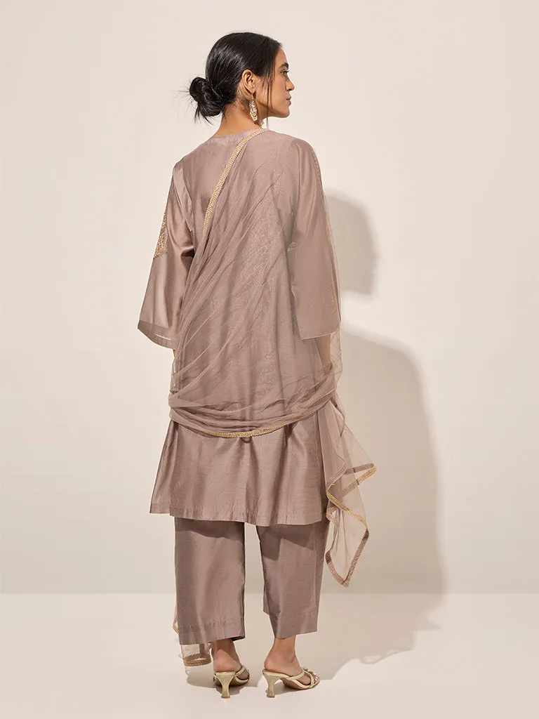 Vark Grey Floral A-Line Kurta, Inner, Pants and Dupatta