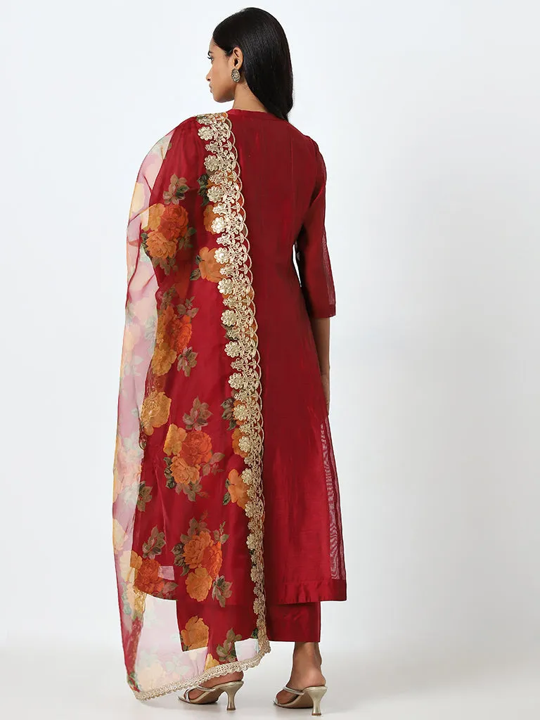Vark Maroon Solid A-Line Kurta, Inner, Pants and Dupatta Set
