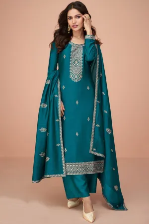 Vartika Singh Awesome Embroidered Work On Art Silk Fabric Teal Color Palazzo Suits