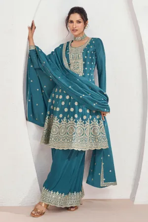Vartika Singh Exclusive Cyan Color Readymade Palazzo Suit In Art Silk Fabric