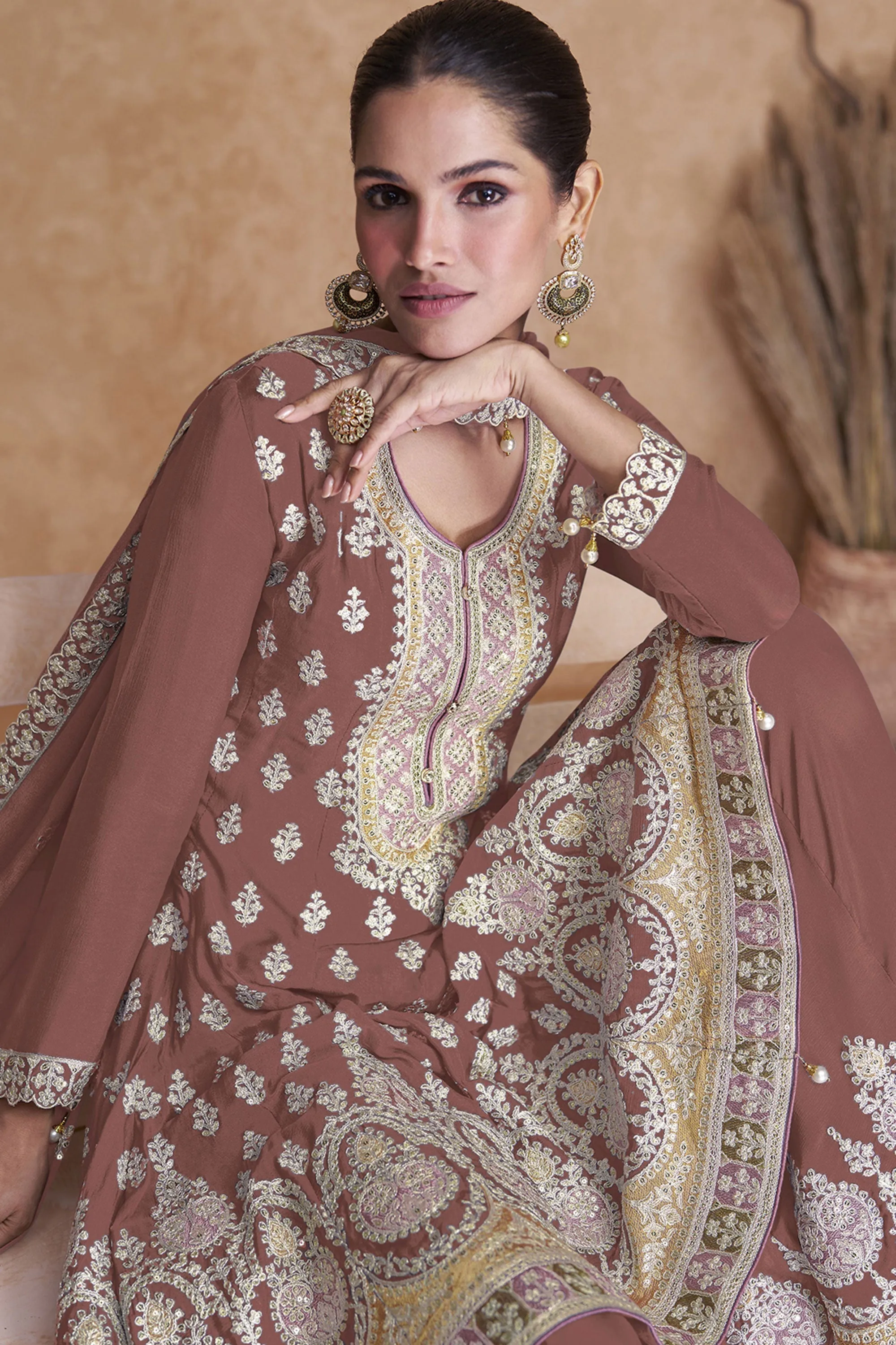 Vartika Singh Fascinating Brown Color Georgette Fabric Palazzo Suit