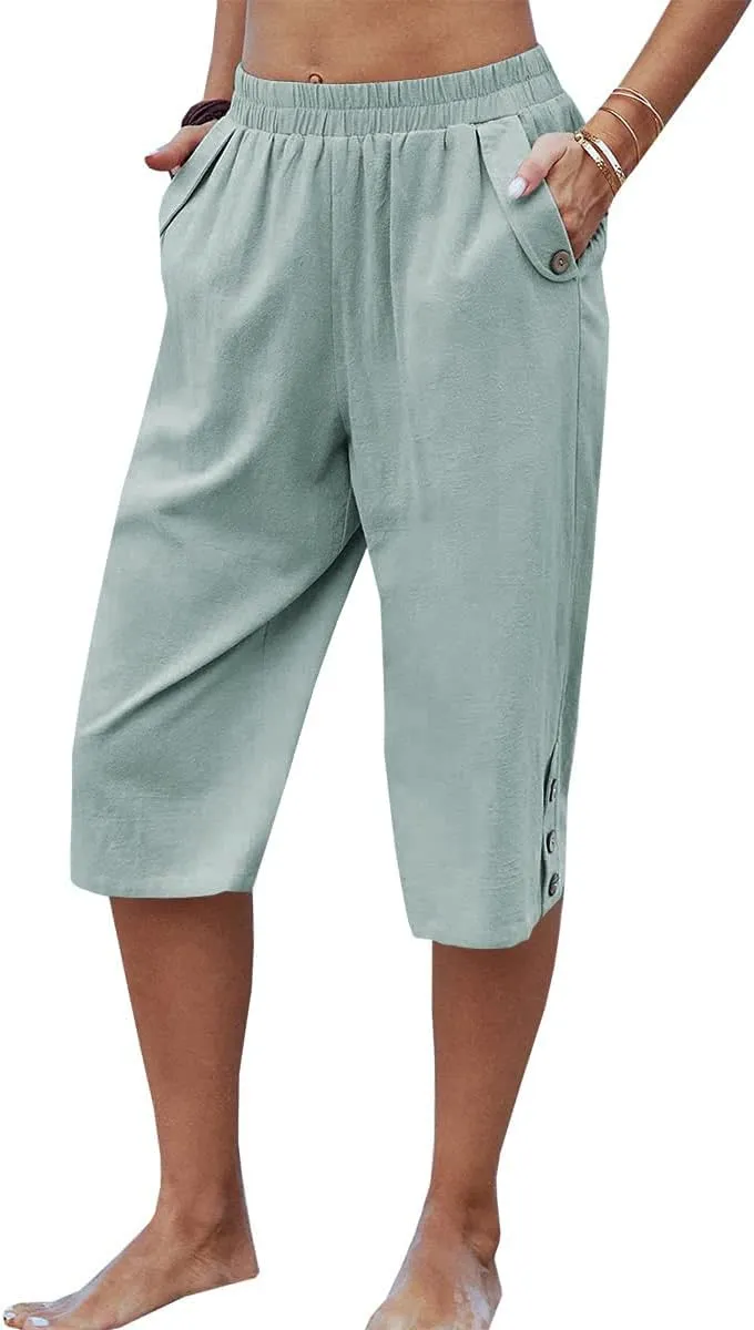 Veatzaer Women's Elastic Waist 3/4 Capri Harem Pants with Pockets Casual Loose Solid Yoga Trousers S-XXL