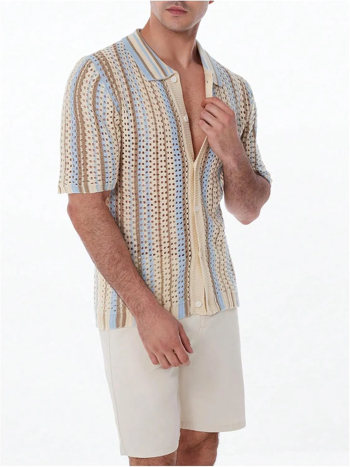 Verdusa Men's Casual Button Down Knit Shirts Hollow Out Short Sleeve Knit Tops