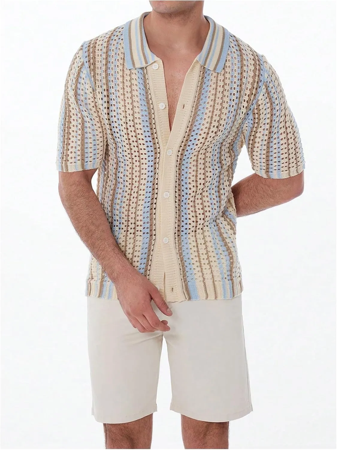 Verdusa Men's Casual Button Down Knit Shirts Hollow Out Short Sleeve Knit Tops